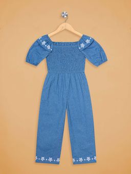 Budding Bees - Blue Girls Embroidered Long Jumpsuit