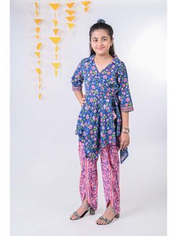 Budding Bees - Girls Blue Traditional Printed Front Open Top with Pant