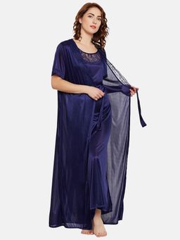 Clovia - Long Night Dress & Robe In Navy Blue Satin (Set of 2)