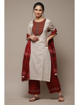 Biba - Red Cotton Unstitched Suit (Set of 3)