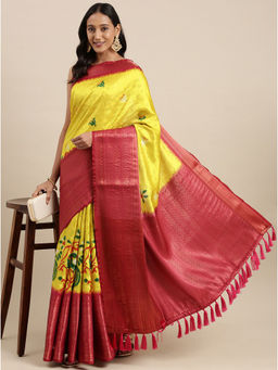 Yavira Silk - Yellow Printed Saree with Tassels with Unstitched Blouse