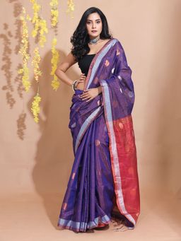 CHARUKRITI - Purple Tissue Handwoven Dual Borders & Round Zari Motifs Saree with Unstitched Blouse