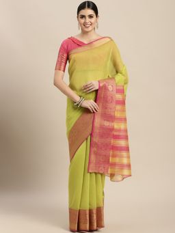 VAIRAGEE - Green Cotton Saree with Unstitched Blouse