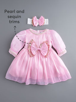 Hopscotch - Pink Bow Applique Party Dress with Headband