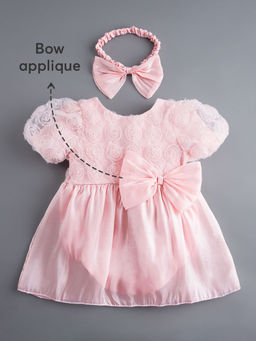 Hopscotch - Pink 3D Floral Applique Party Dress with Headband