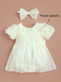 Hopscotch - Ivory Floral Applique Onesie Style Party Dress with Headband