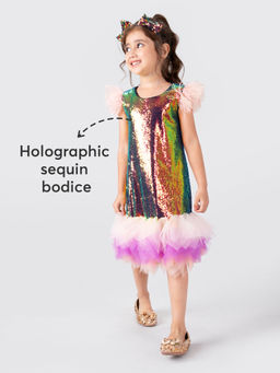 Hopscotch - Multi-Color Sequin Embellished Party Dress with Headband