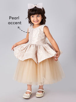 Hopscotch - Beige Sequin Embellished Party Gown with Headband & Bow