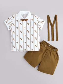 Hopscotch - White Printed Polo T-shirt & Shorts with Bow & Suspender (Set of 2)