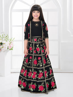 BETTY - Black Georgette Flower Embroidered Lehenga Choli & Jacket (Set of 3)