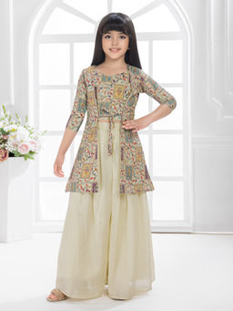 BETTY - Cream Embroidered Flared Crop Top & Palazzo with Jacket (Set of 3)