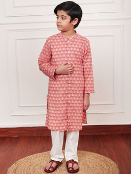 Campana - Boys Pink Mrinal Floral Pinwheel Print Kurta & Pyjama