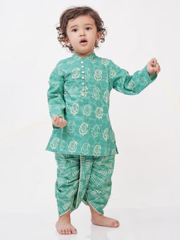 Campana - Boys Green Block Print Mehul Kurta & Dhoti