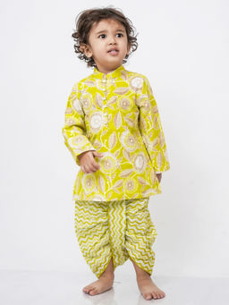 Campana - Boys Lime Green Kantha & Floral Print Mehul Kurta & Dhoti