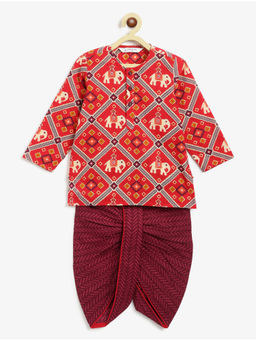 Campana - Boys Red Bansi Royal Elephants Print Kurta & Dhoti
