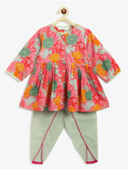 Campana - Girls Pink Asmi Bold Floral Print Kurta & Dhoti