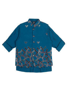 CHARCHIT - Boys Teal Traditional Embroidered Nehru Jacket with Shirt