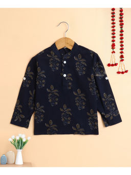 The Magic Wand - Cotton Navy Blue Leaf Printed Short Kurta