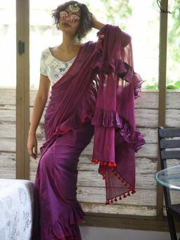 Suta - Purple Solid Pure Cotton Ruffle Saree without Blouse