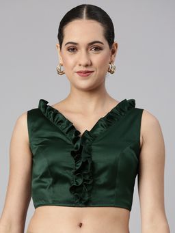FLAHER - Women Solid Satin Padded Saree Blouse with Ruffles Detail