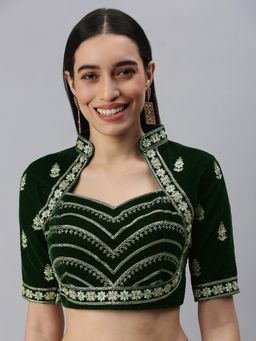 FLAHER - Women Green Embroidered Velvet Padded Saree Blouse