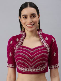 FLAHER - Women Pink Embroidered Velvet Padded Saree Blouse