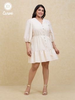 Twenty Dresses by Nykaa Fashion - Curve Off White Textured V Neck Puff Sleeves Short Dress (Set of 2)