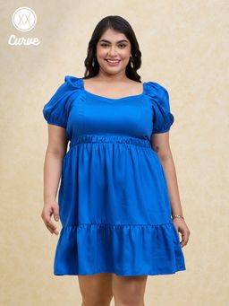 Twenty Dresses by Nykaa Fashion - Curve Cobalt Blue Solid Puff Sleeve Fit and Flare Satin Short Dress