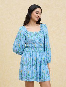 Twenty Dresses by Nykaa Fashion - Blue Floral Printed Full Sleeves Short Dress