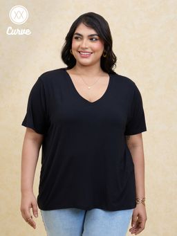 Twenty Dresses by Nykaa Fashion - Curve Black Solid V Neck Everyday Essential Basics TShirt