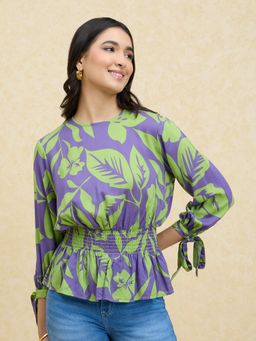 Twenty Dresses by Nykaa Fashion - Purple And Green Printed Puff Sleeves Smocked Peplum Top