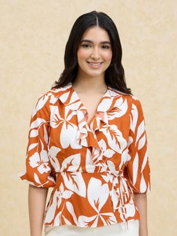 Twenty Dresses by Nykaa Fashion - Rust And White V Neck Ruffle Puff Sleeves Tie Up Peplum Top