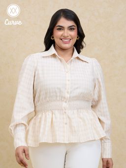 Twenty Dresses by Nykaa Fashion - Curve Off White Textured Shirt Collar Peplum Top