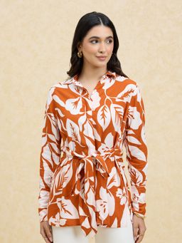 Twenty Dresses by Nykaa Fashion - Rust and White Printed Belted Shirt