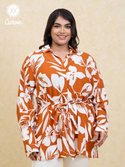 Twenty Dresses by Nykaa Fashion - Curve Rust and White Printed Belted Shirt
