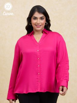 Twenty Dresses by Nykaa Fashion - Curve Hot Pink Solid Full Sleeves Classic Satin Shirt