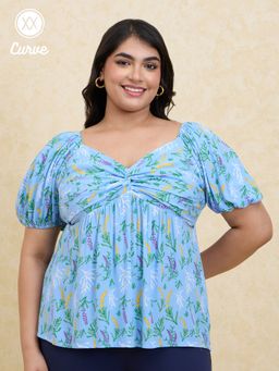 Twenty Dresses by Nykaa Fashion - Curve Blue Floral Printed Knotted Puff Sleeves Top