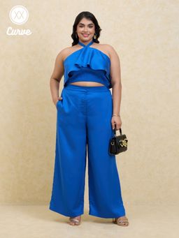 Twenty Dresses by Nykaa Fashion - Curve Cobalt Blue Solid Halter Neck Satin Co-ord (Set of 2)