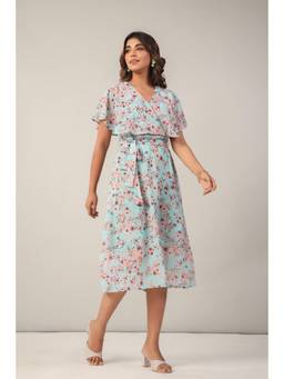 Twenty Dresses by Nykaa Fashion - Blue Party Floral Flared Wrap Dress with Belt
