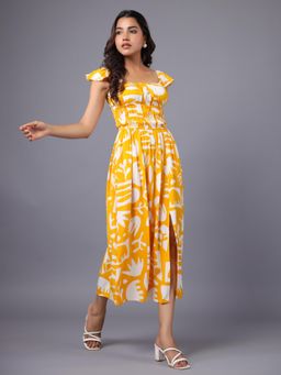 Twenty Dresses by Nykaa Fashion - Yellow and White Tropical Printed Midi Dress