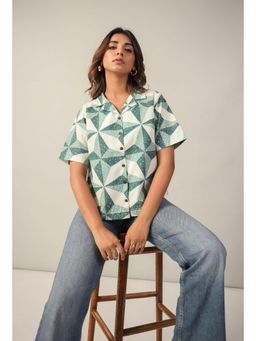 Twenty Dresses by Nykaa Fashion - Green and White Geometric Print Cotton Poplin Boxy Shirt
