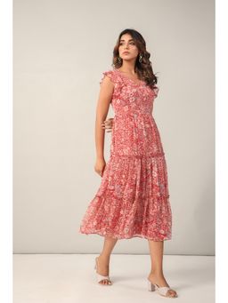 Twenty Dresses by Nykaa Fashion - Red Floral Print Chiffon Midi Dress