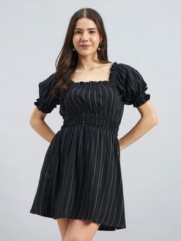 Twenty Dresses by Nykaa Fashion - Black Pinstripe Smocked Waist Puff Sleeve Viscose Short Dress