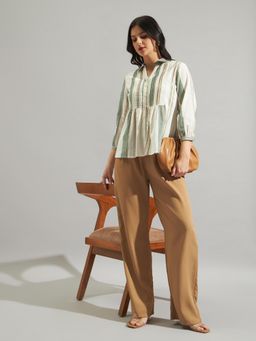 Twenty Dresses by Nykaa Fashion - Cream & Green Striped Peplum Shirt Top with Button Front