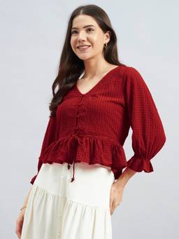 Twenty Dresses by Nykaa Fashion - Red Textured Poly Crepe Peplum Top