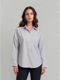 Twenty Dresses by Nykaa Fashion - Womens Grey Stripes Cotton Blend Regular Shirt