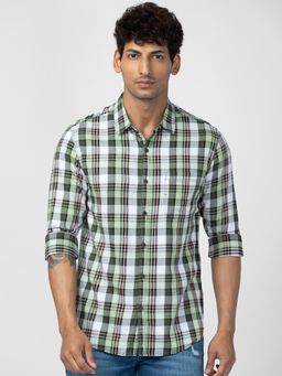 Spykar - Men Olive Green Cotton Slim Fit Checkered Shirt