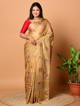 LAA CALCUTTA - Women Beige Embroidered Silk Saree with Unstitched Blouse