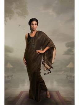 Huts and Looms - Women Brown Stripes Cotton Saree Without Blouse