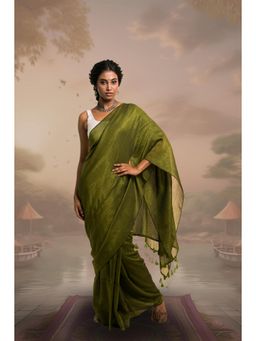 Huts and Looms - Women Olive Stripes Cotton Saree Without Blouse
